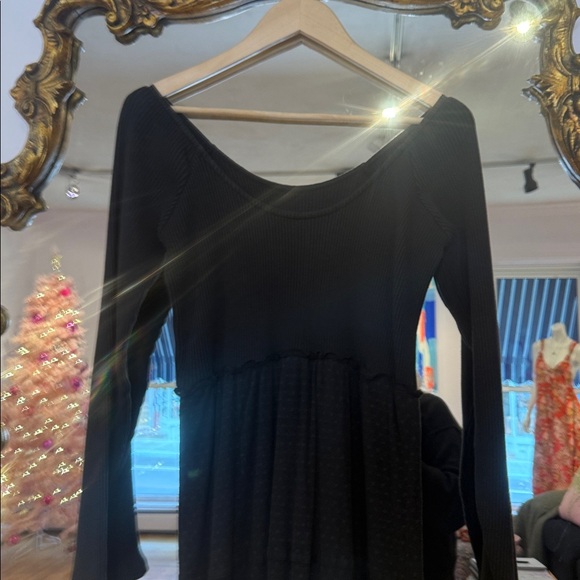 Free People Earth Angel Black rib knit swiss dot lace  Maxi Dress size L - Picture 12 of 17